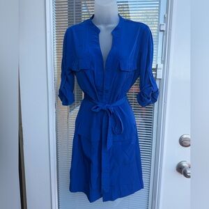 Express Blue Button-Up Dress with Belt